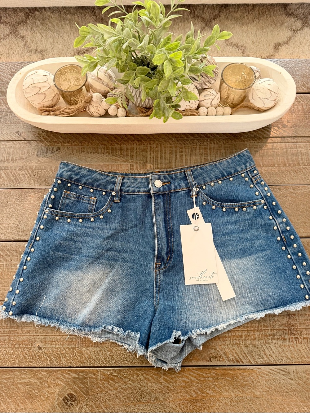 High-Rise Studded Blue Denim Shorts